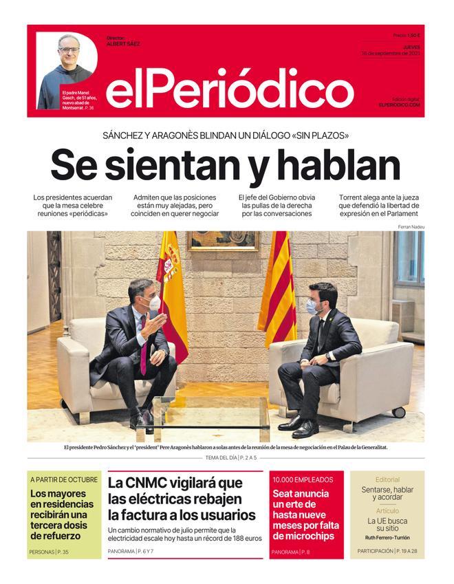 La portada d’EL PERIÓDICO del 16 de setembre del 2021