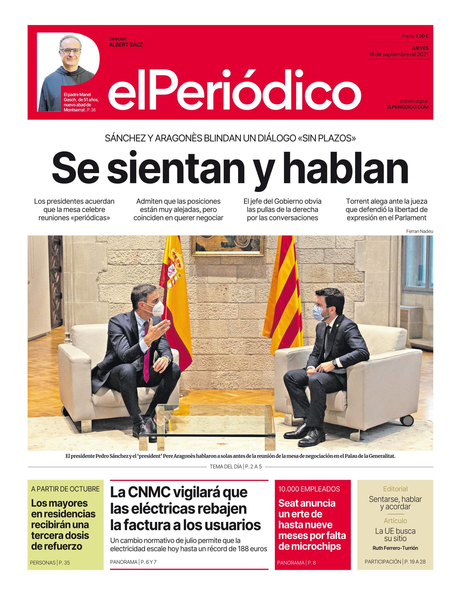 La portada de EL PERIÓDICO del 16 de septiembre del 2021