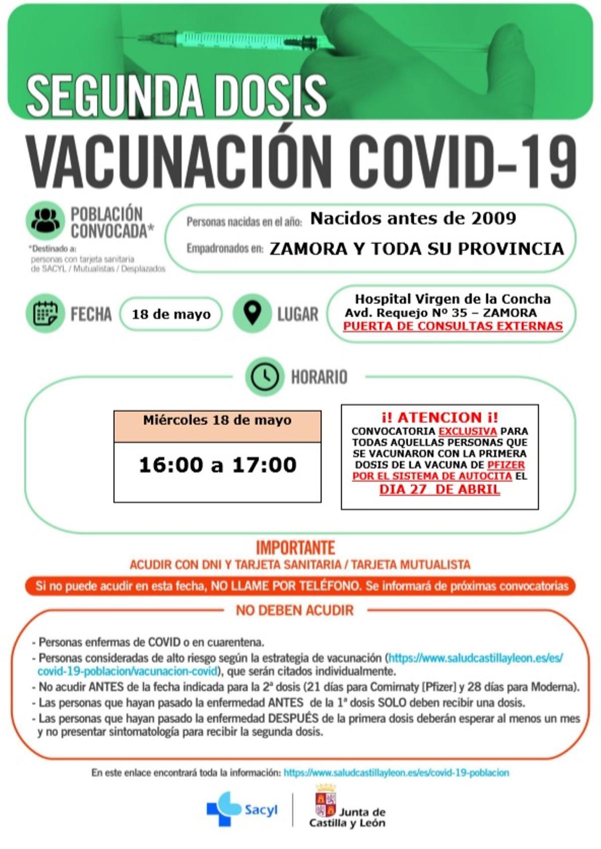 Cartel de vacunación del 18 de mayo en Zamora.