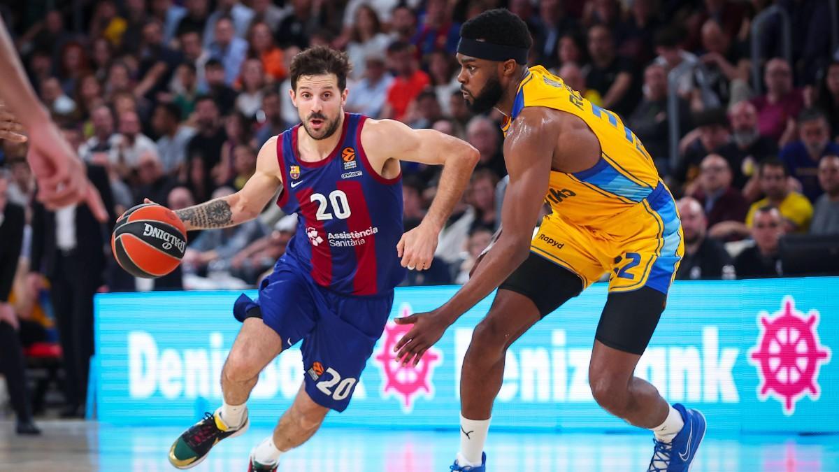 Josh Nebo, junto a Nico Laprovittola en un Barça - Maccabi Tel Aviv de Euroliga