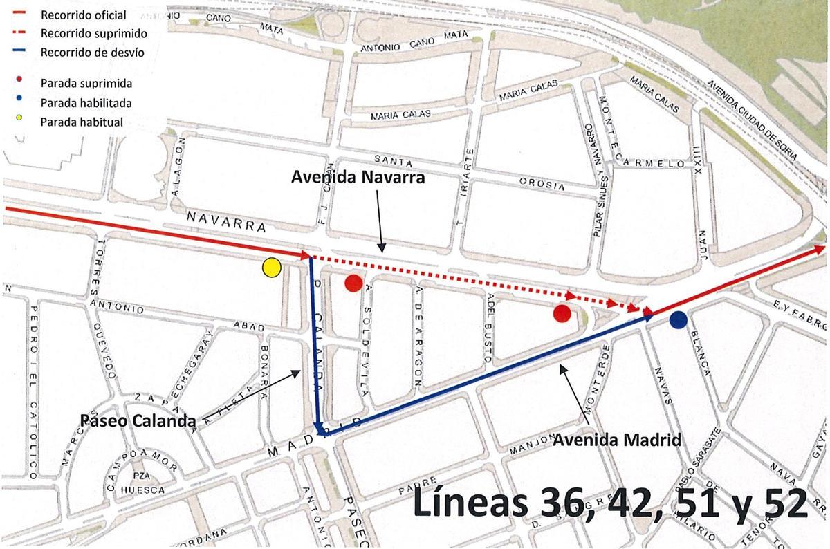 Recorridos alternativos de las líneas de bus afectadas por las obras de la avenida Navarra.