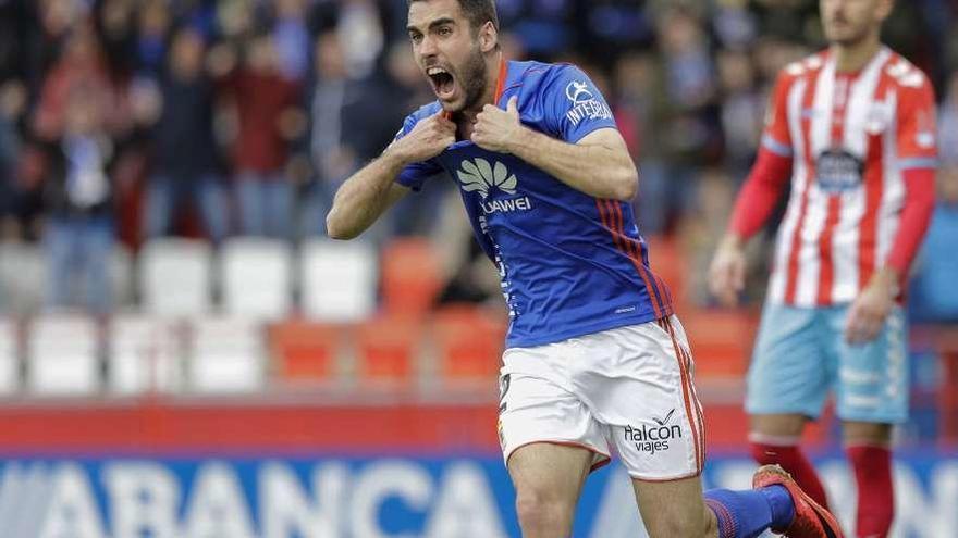 Diegui Johannesson, celebrando el gol ante el Lugo el año pasado en el Anxo Carro (0-1 para el Oviedo).