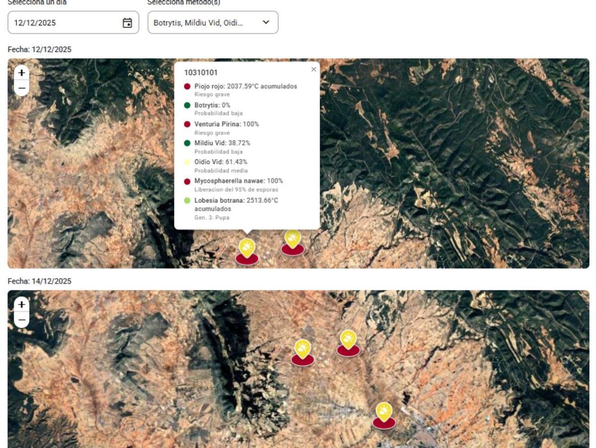 Imágenes del módulo de sanidad de 4Piot en las que se alerta de la probabilidad de enfermedades para la plantación en diferentes grados y porcentajes.