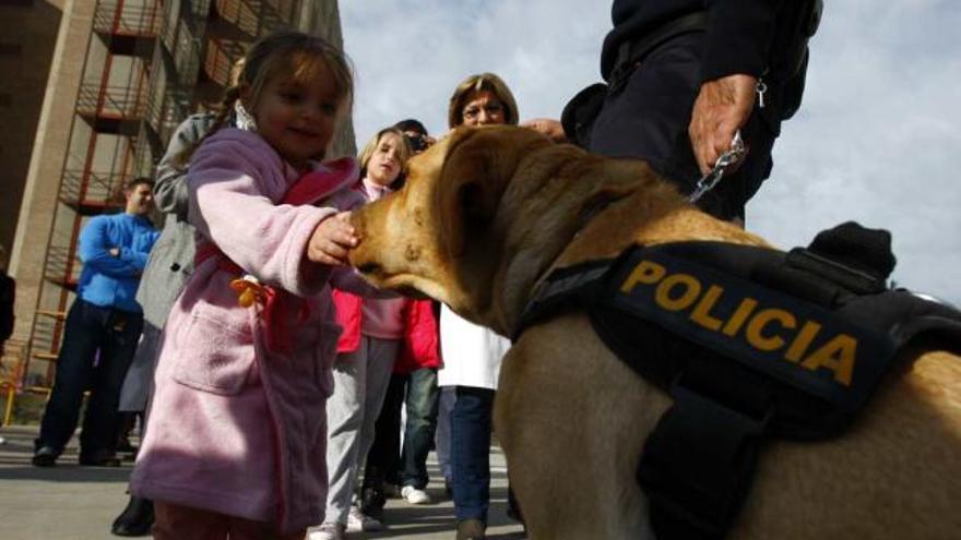 Una niña ingresada en el hospital juega con un perro de la Unidad Canina policial.