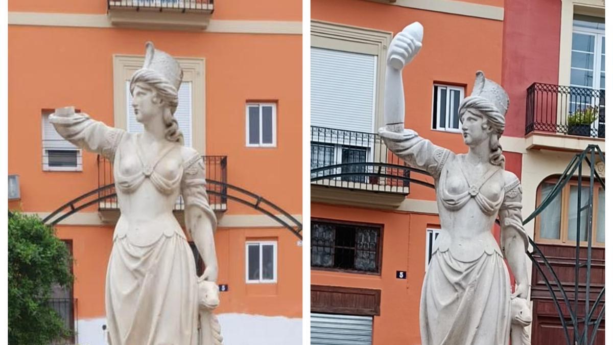 Antes y después de la restauración de una de las estatuas.