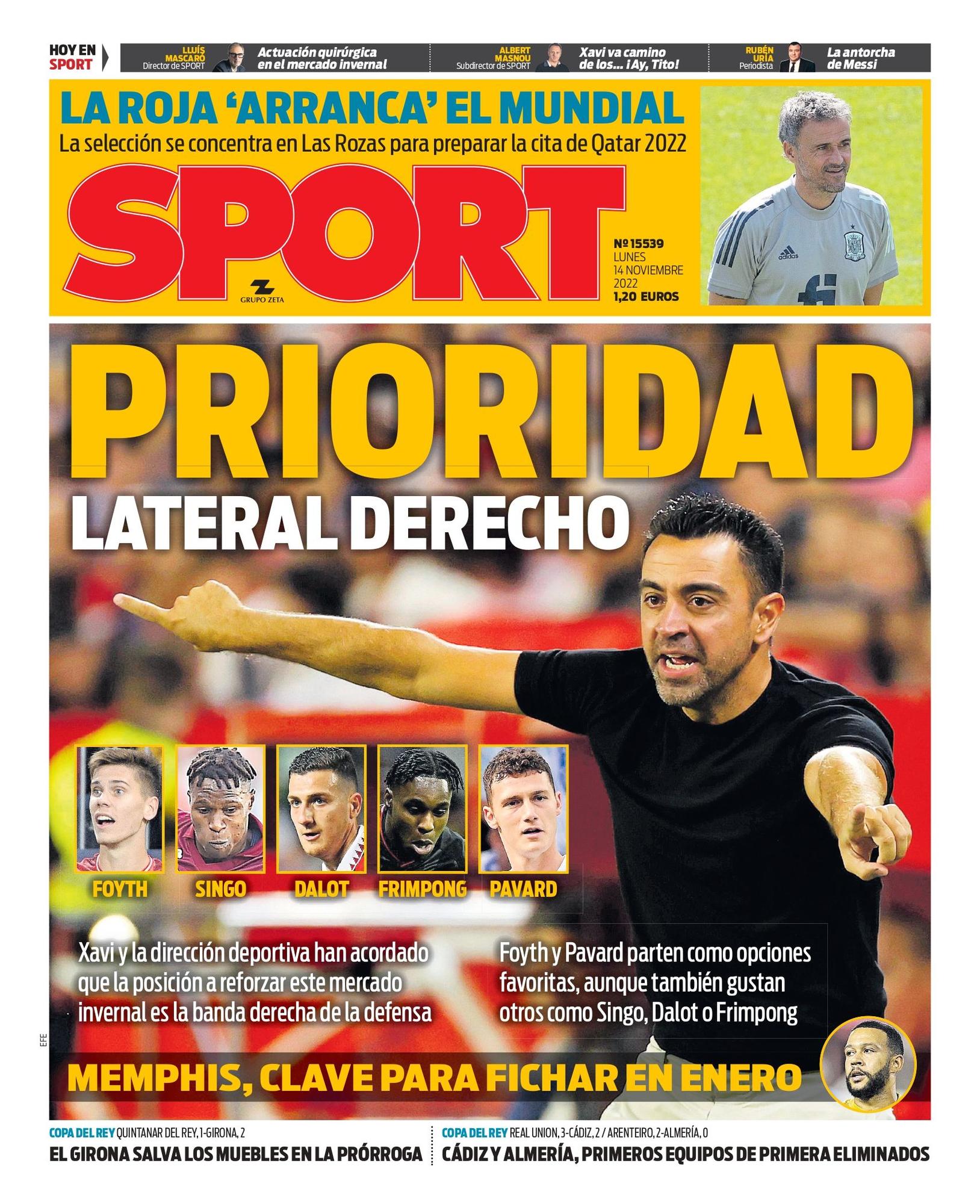 Esta es la portada de SPORT del lunes 14 de noviembre del 2022