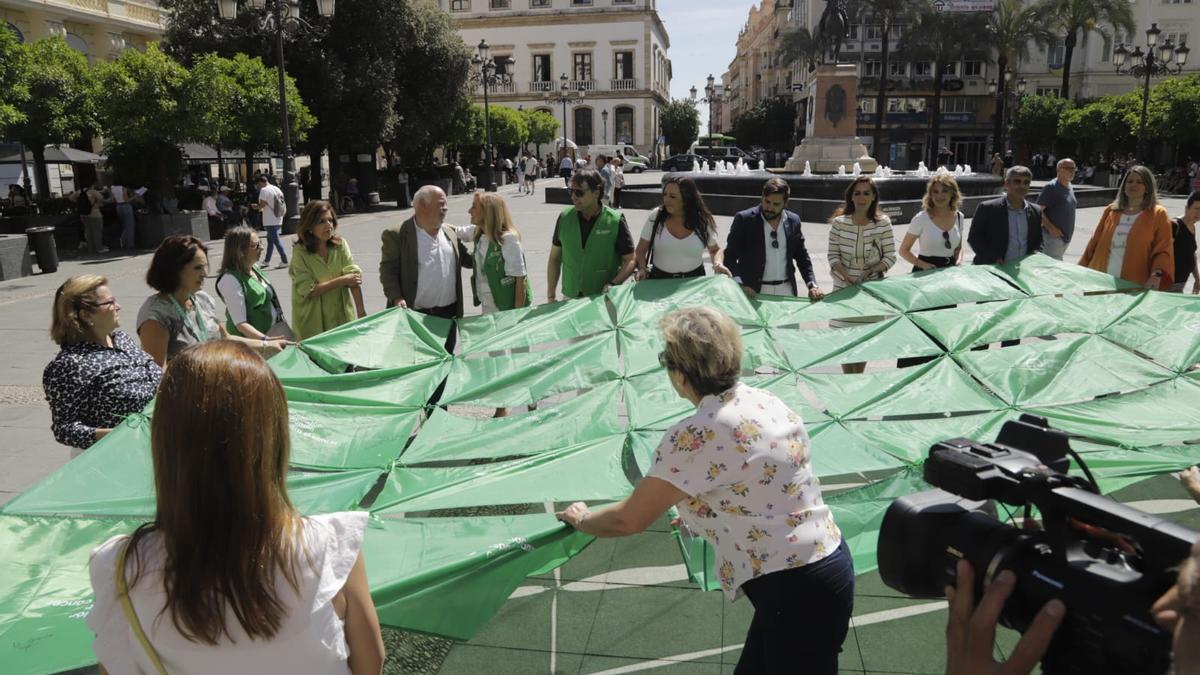 La AECC ha desplegado una gran bandera verde para recordar que hay que seguir apoyando la investigación contra el cáncer.