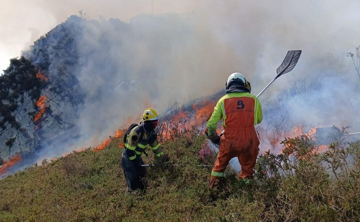 Un bomberos de la Brif de Tineo y otro del SEPA luchan contra el incendio de Antoñana, en Belmonte de Miranda