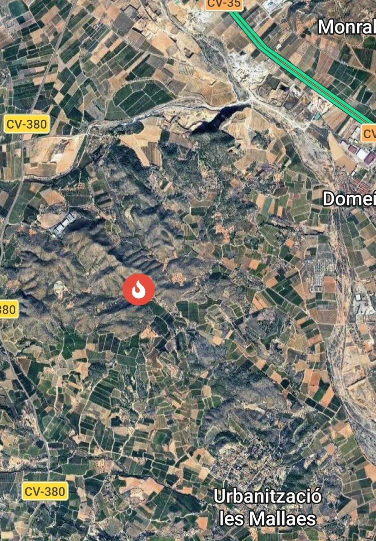 Localización del incendio forestal declarado esta tarde en el término municipal de Llíria.