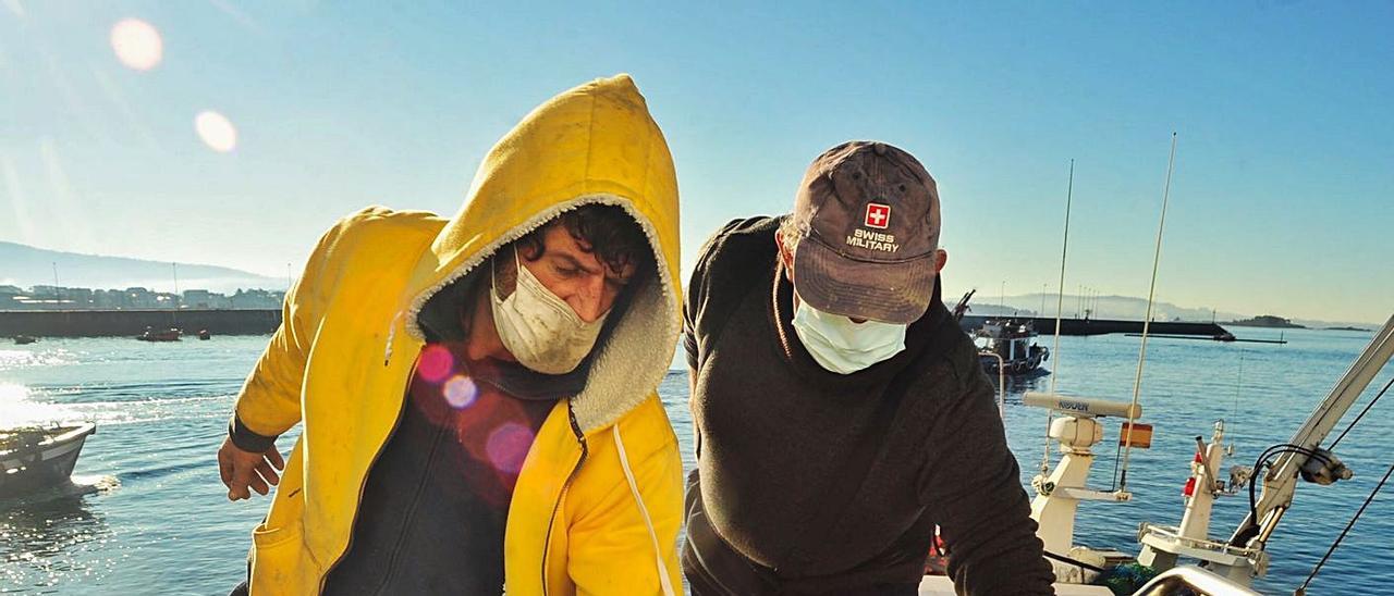 Dos pescadores descargan sus lotes de vieira en el puerto de Cambados. |   // IÑAKI ABELLA