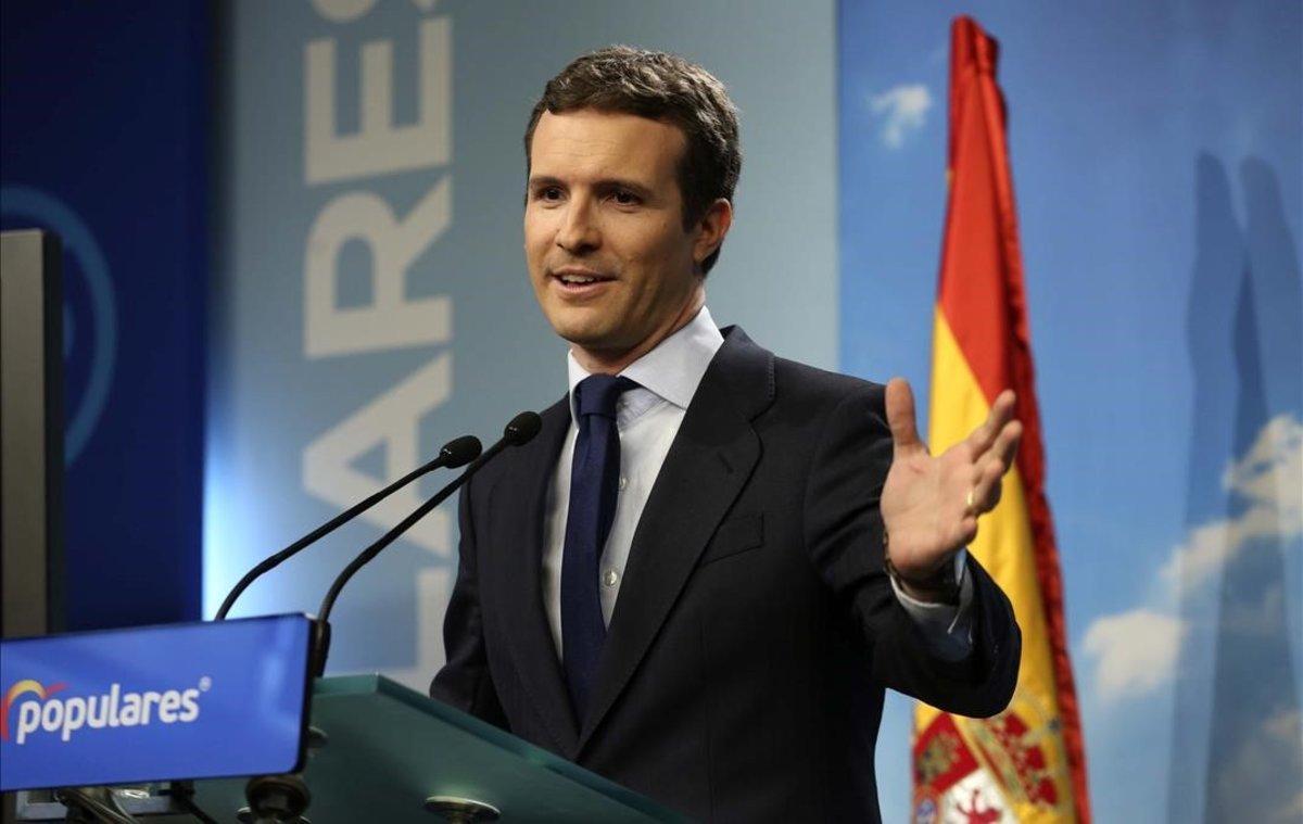 Pablo Casado, el viernes, en rueda de prensa tras conocerse la fecha de las elecciones.