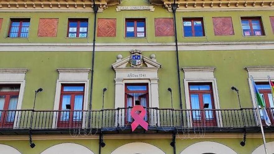 Ayuntamiento de langreo con lazo conmemorativo y la artista y poeta Alba g.