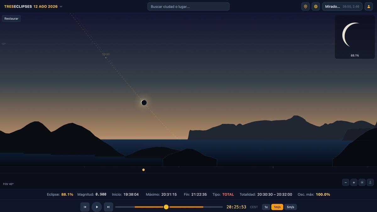 Imagen de la aplicación que muestra la simulación de la visibilidad del eclipse desde la costa de Santa Ponça.