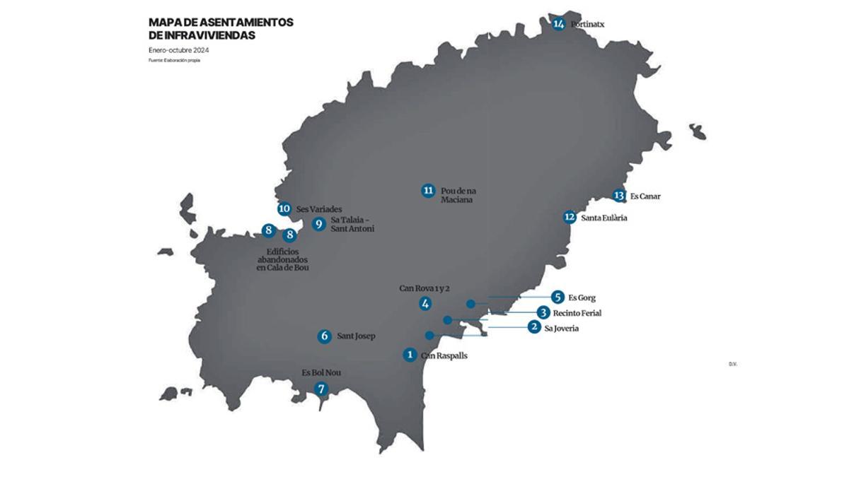 Mapa de asentamientos chabolistas en Ibiza.