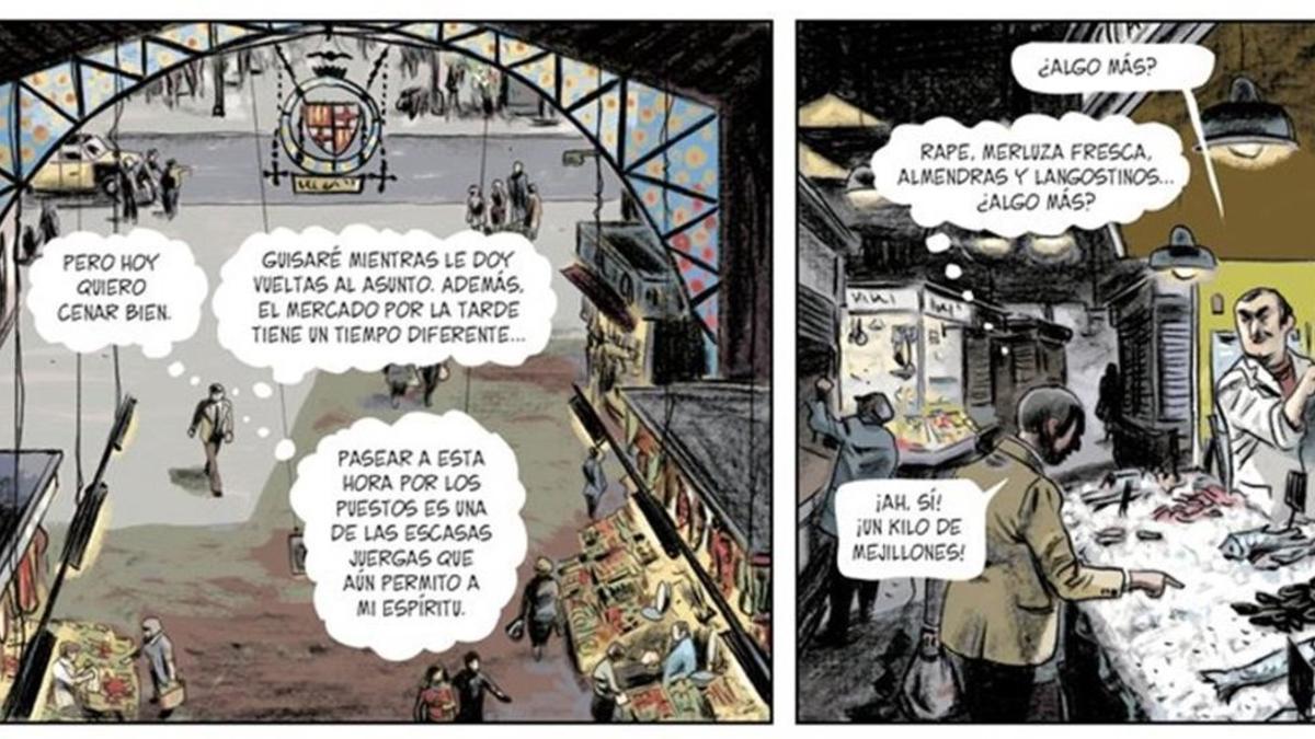 Página de la adaptación al cómic de 'Tatuaje', un Carvalho de Vázquez Montalbán, de la mano de Migoya y Seguí.