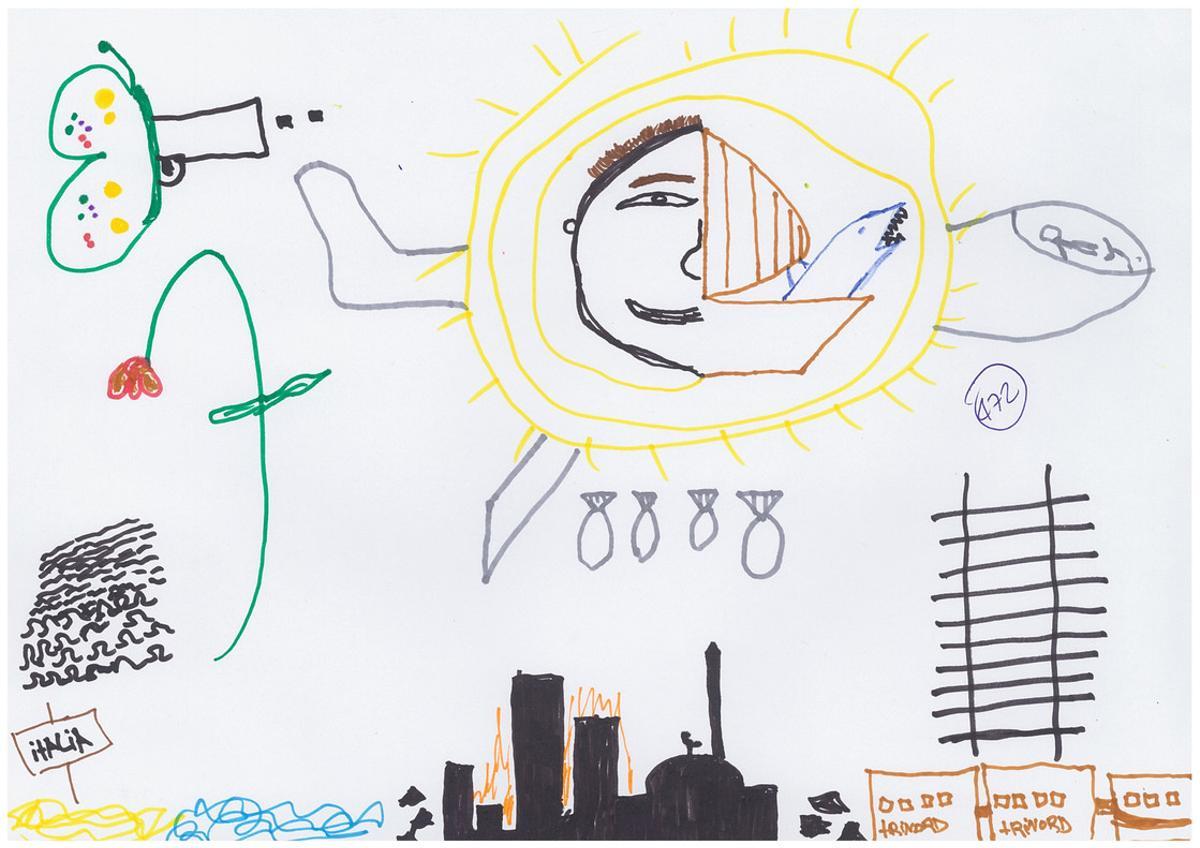 Dibujos realizados por niños sirios en el 2015 y cedidos por la oenegé Save The Children. Los dibujos formaron parte de una exposición en la estación central de Milán, un punto habitual de tránsito para las familias refugiadas que se dirigen al norte de Europa. El nombre y la edad de los niños se ha omitido para proteger su identidad.