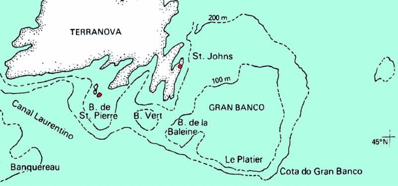 Mapa cos bancos de bacallao e as bases en Terranova (Canadá).