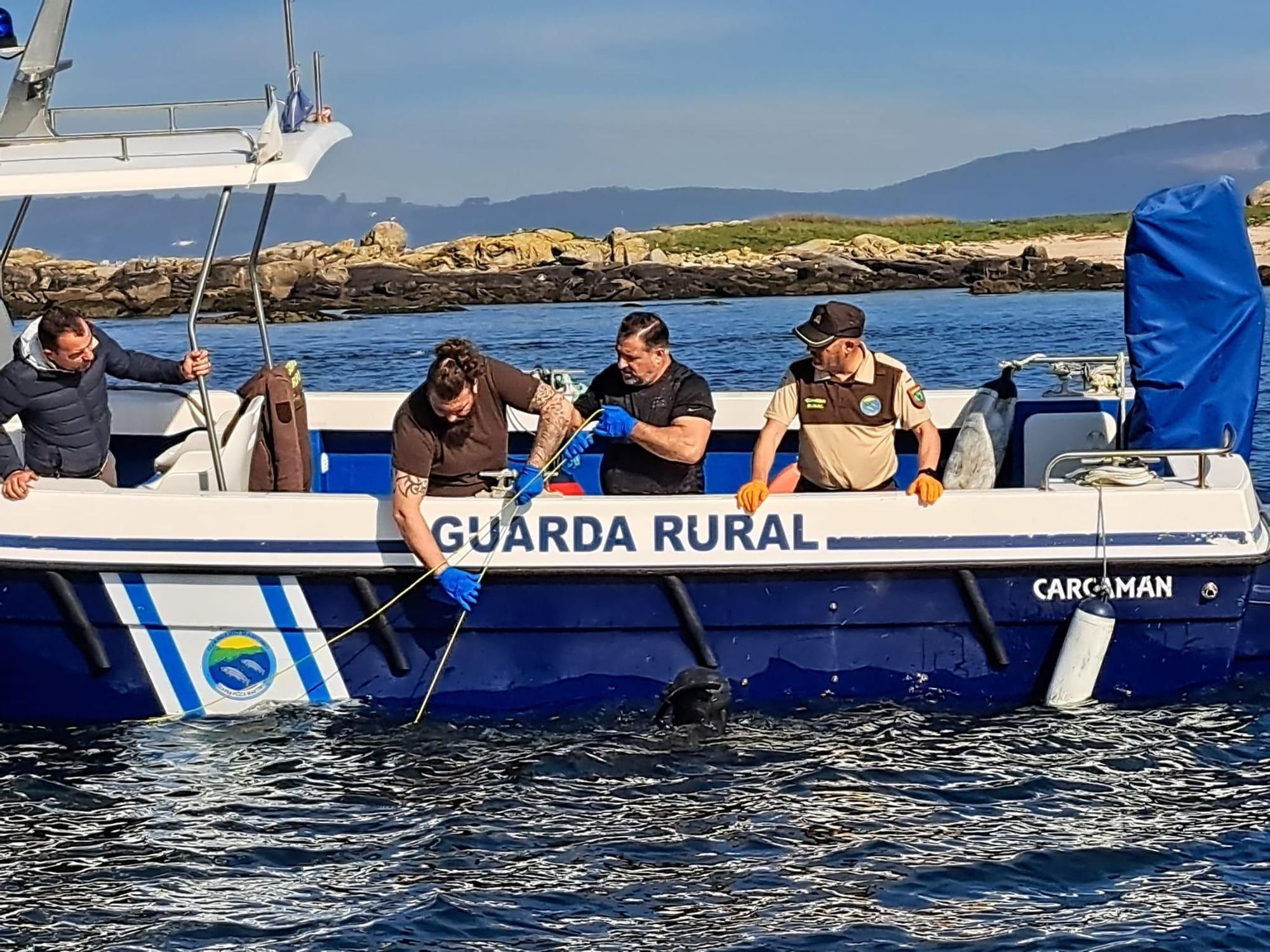 Los trabajos de eliminación de basura marina llevados a cabo por el programa Plancton en Guidoiros Areoso.