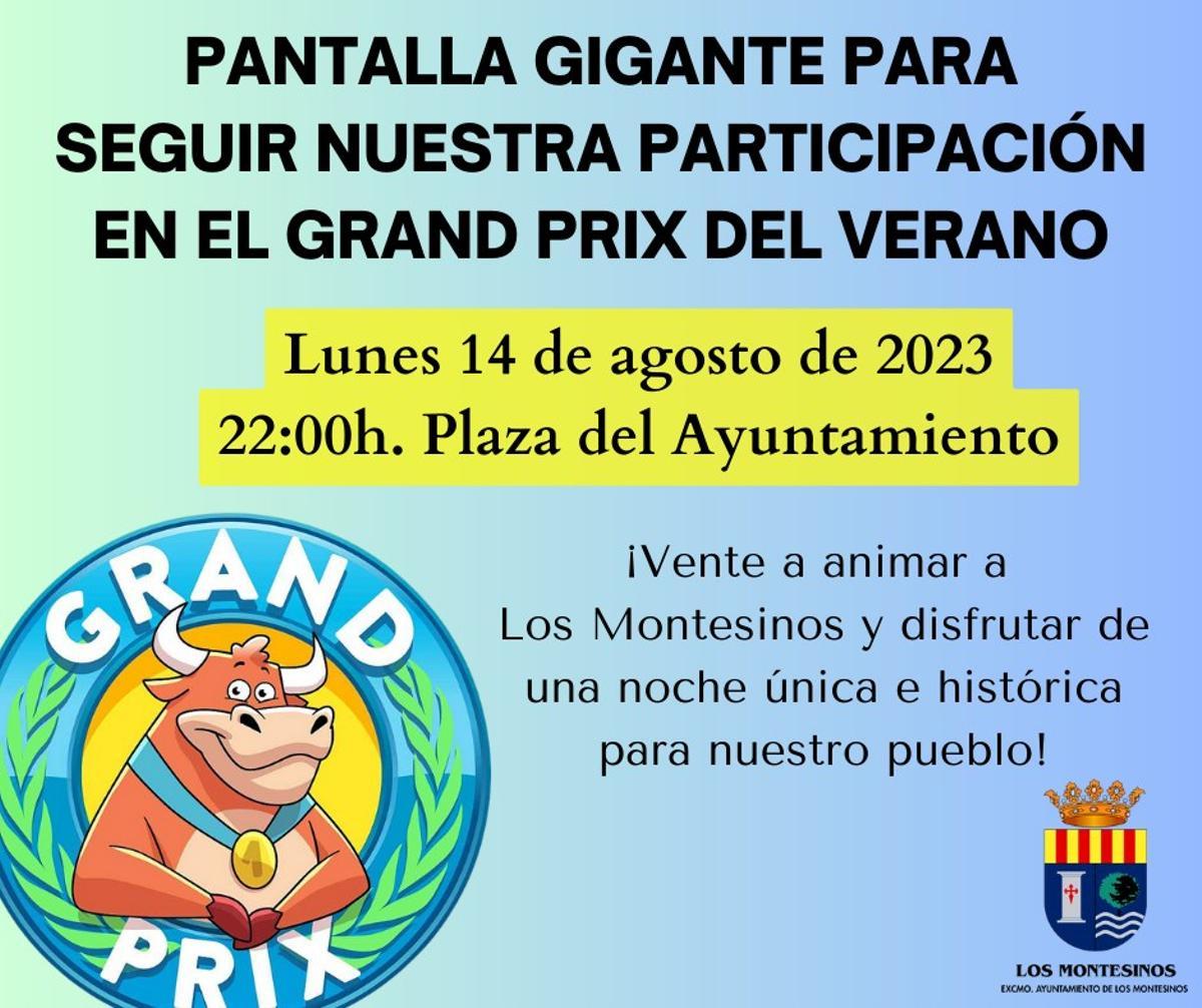 Anuncio del Ayuntamiento de Los Montesinos de la emisión en pantalla gigante animando a participar