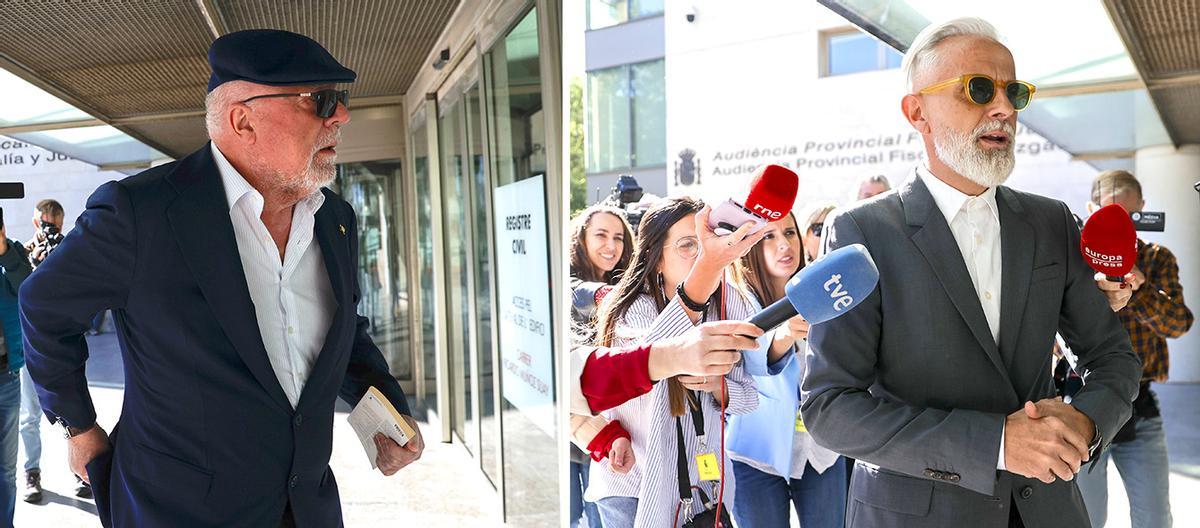 El excomisario José Manuel Villarejo y el yonqui del dinero, Marcos Benavent, acceden a la Ciudad de la Justicia, ayer, para declarar en la decimotercera sesión del juicio del caso Erial.