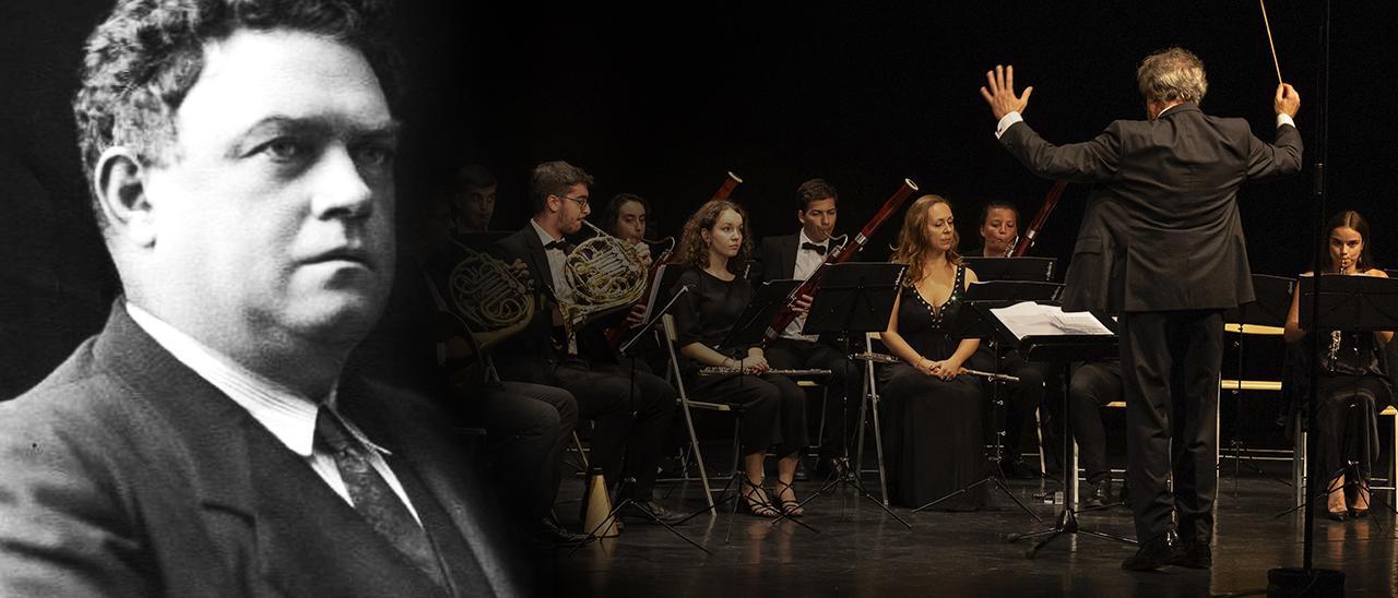 Montaje con un retrato de Reveriano Soutullo y una imagen de la Orquesta Clásica de Vigo durante un concierto