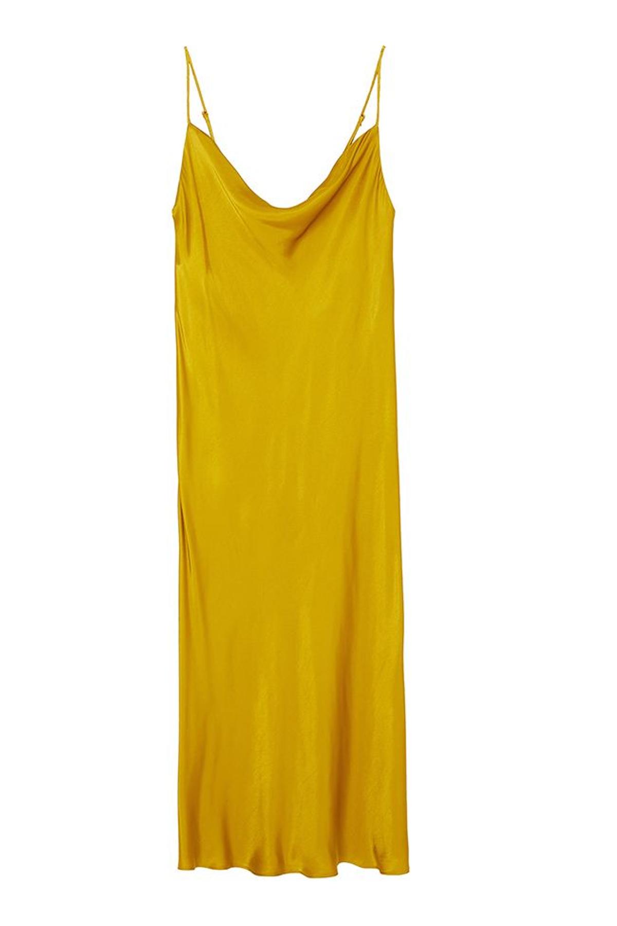 Vestido amarillo de inspiración lencera de largo midi y tirantes de Zara