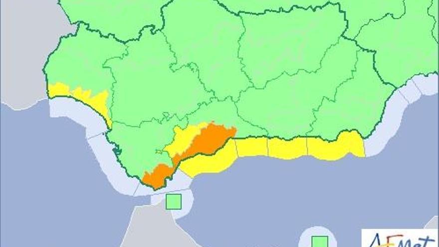 Mapa de Andalucía con los avisos amarillos y naranjas para este jueves.
