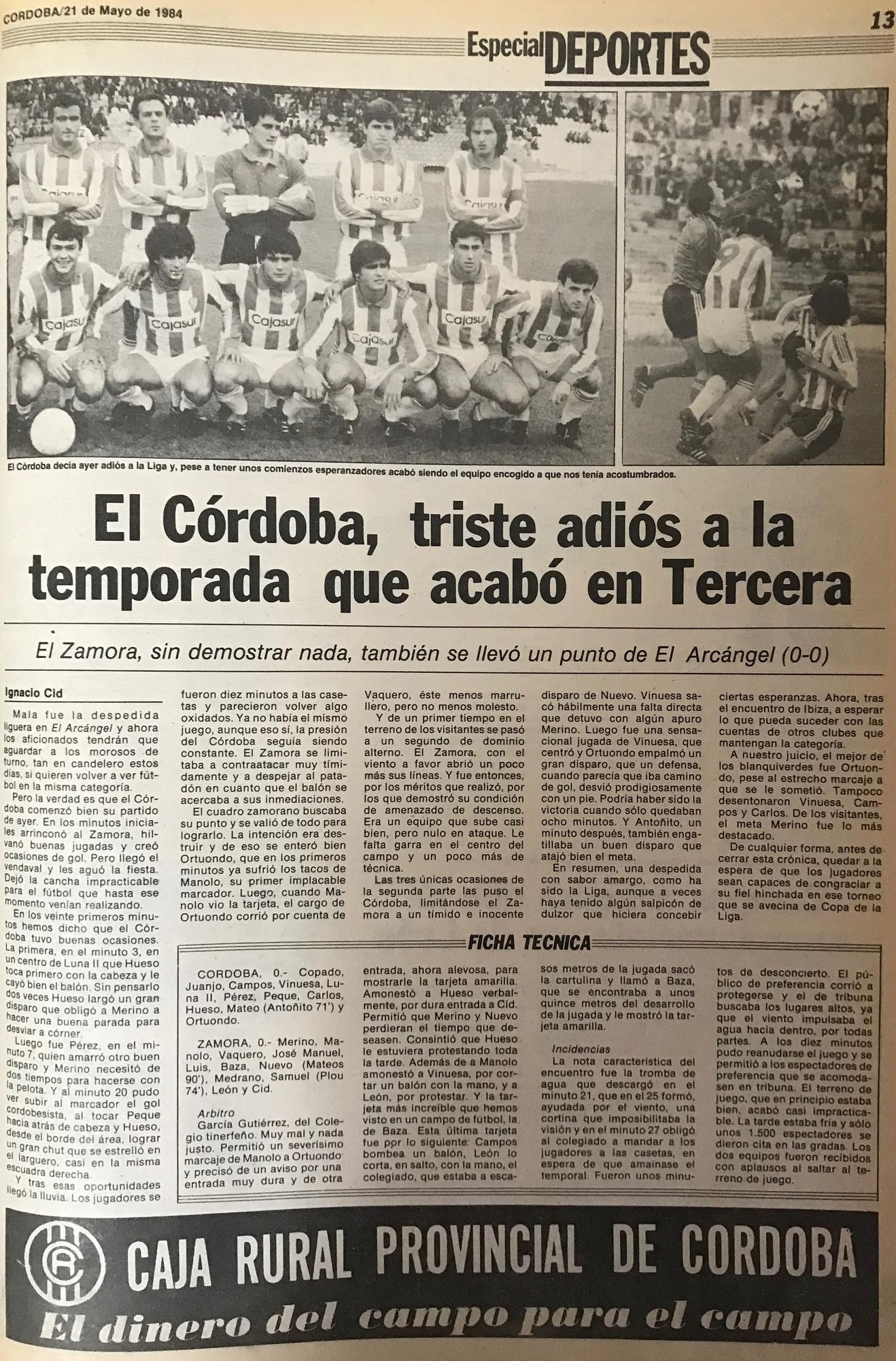 Crónica de Diario Córdoba del descenso del Córdoba CF a Tercera División.