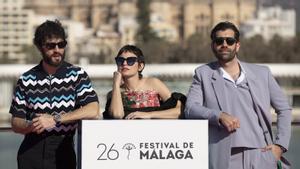 Javier Rey, Verónica Echegui y Tamar Novas, en el Festival de Málaga, hoy.