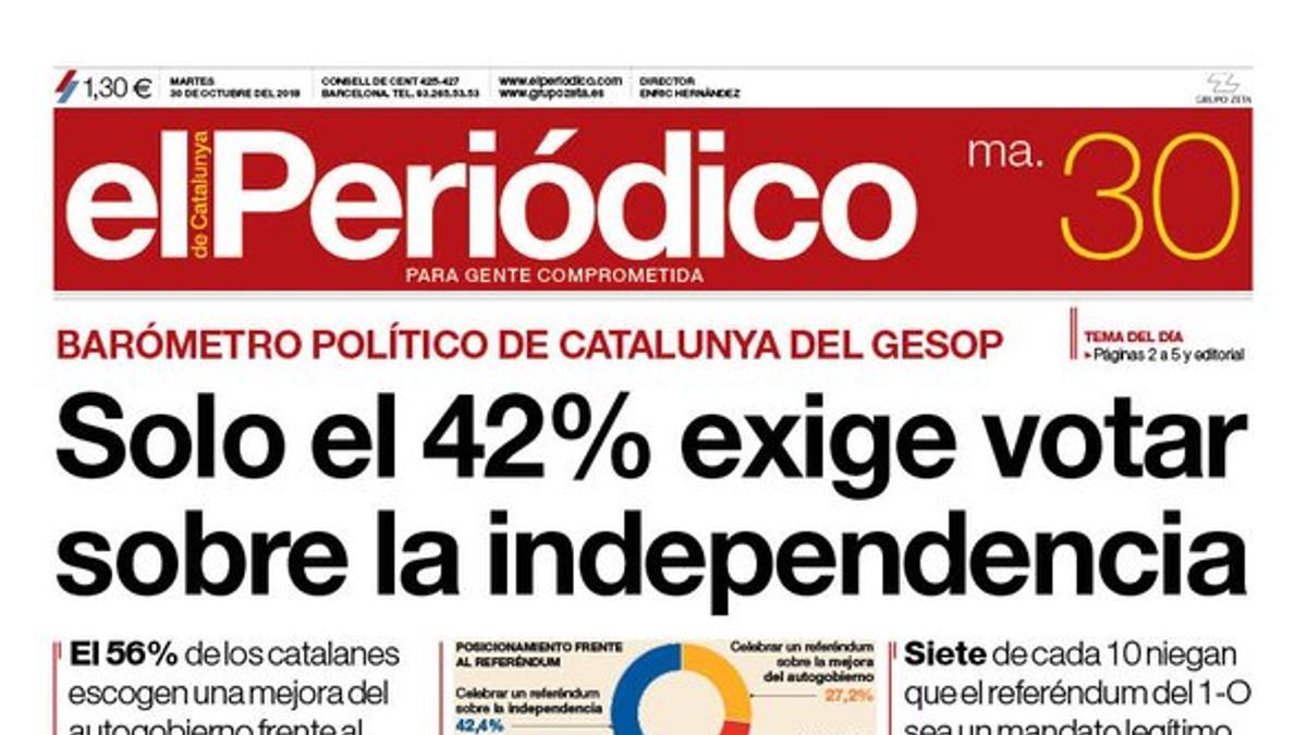 La portada de EL PERIÓDICO del 30 de octubre del 2018