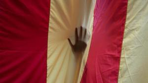 La mano de un estudiante tras la estelada gigante de la Universidad de Barcelona (UB).