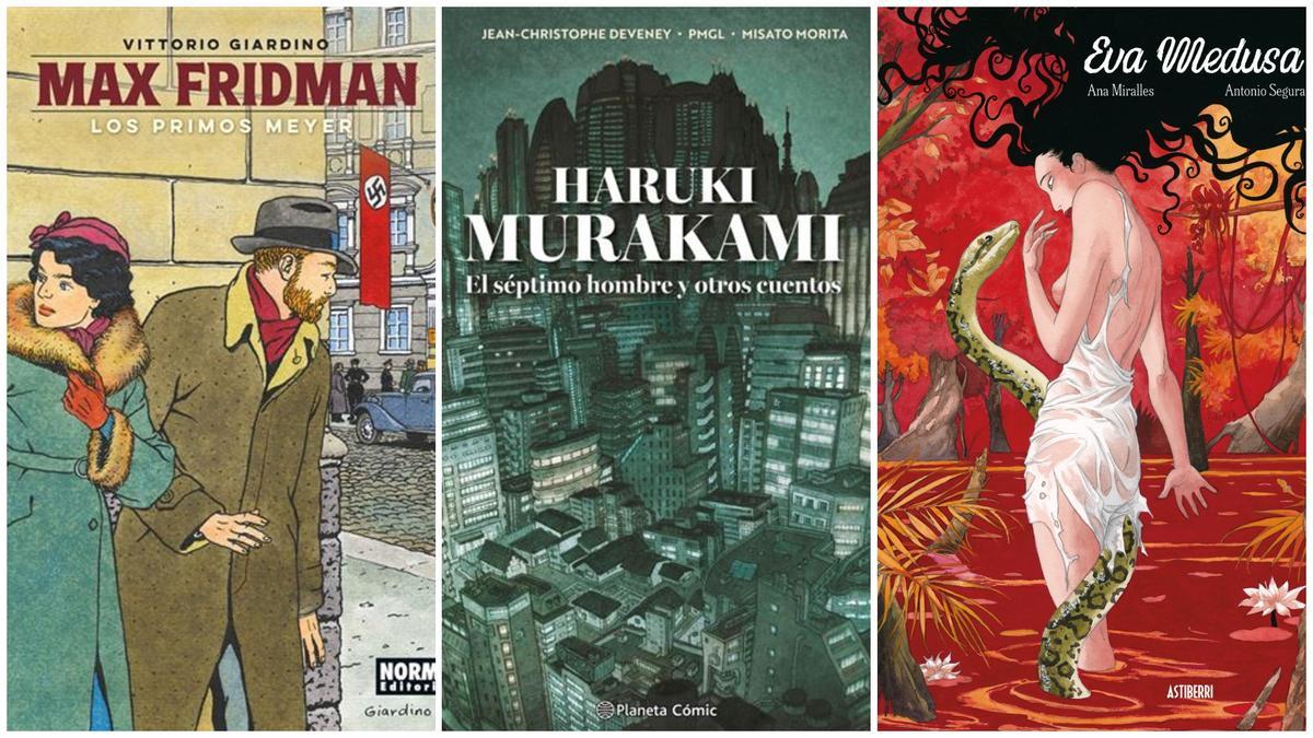 Portadas de 'Los primos Meyer', 'El séptimo hombre y otros cuentos' y 'Eva Medusa'