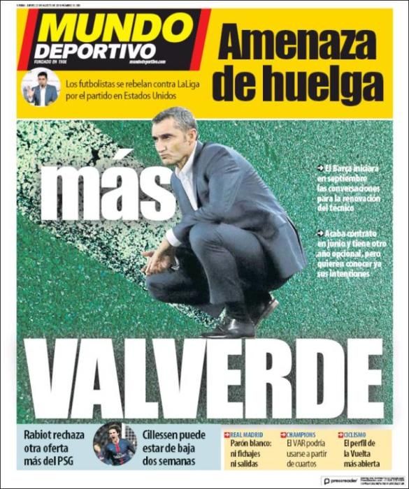 Portadas deportivas jueves 23 de agosto de 2018