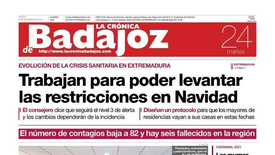 Esta es la portada de LA CRÓNICA DE BADAJOZ correspondiente al día 24 de noviembre del 2020