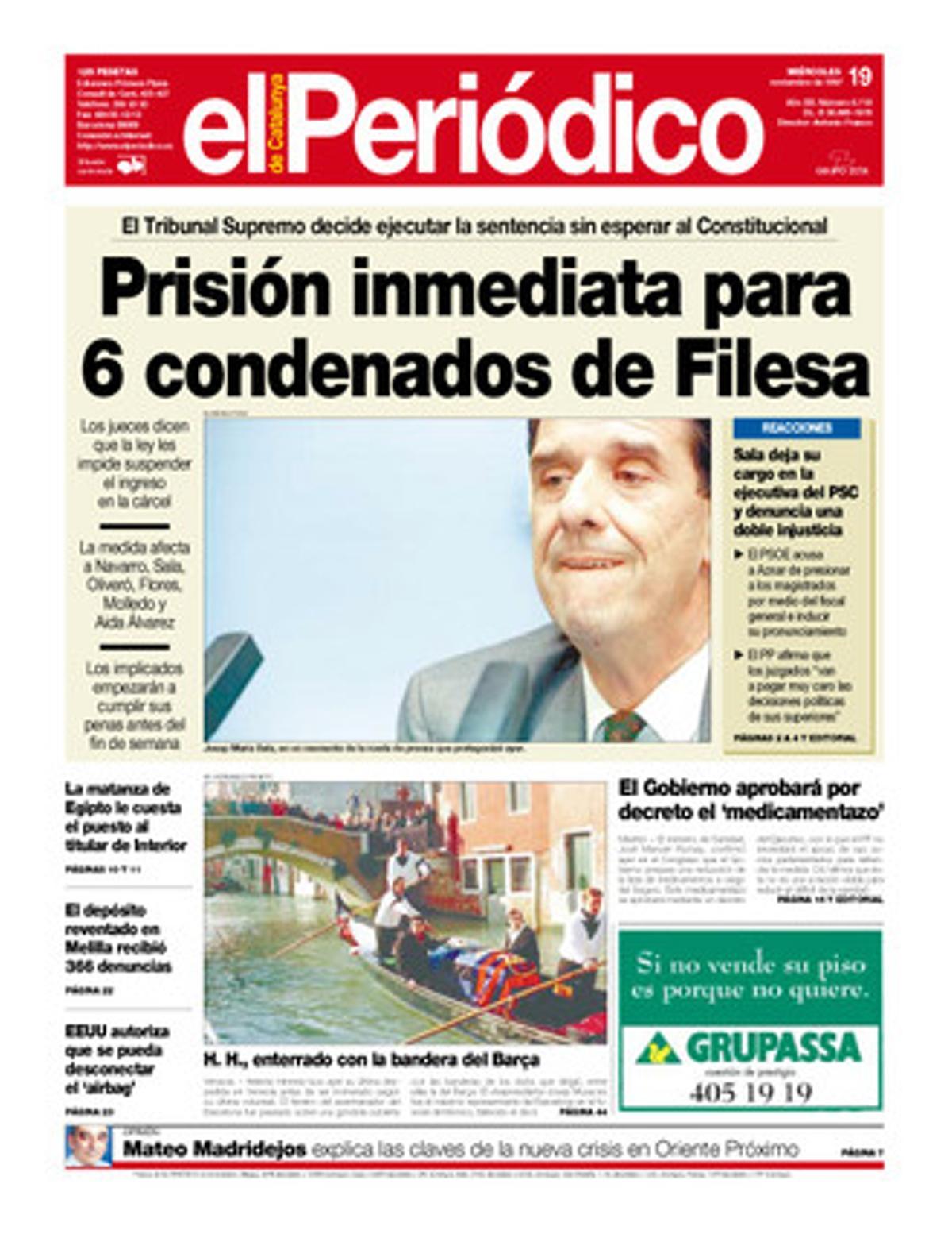 Presó immediata per a sis condemnats pel cas Filesa. Portada publicada el 17 de novembre de 1997.