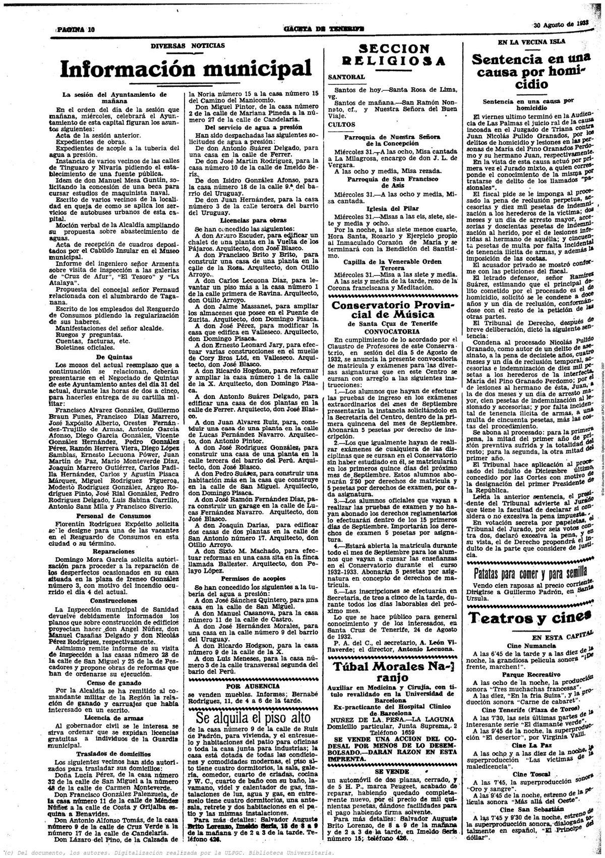 Edición de La Gaceta de Tenerife del 30 de agosto de 1932 en la que se recoge el fallo del jurado.