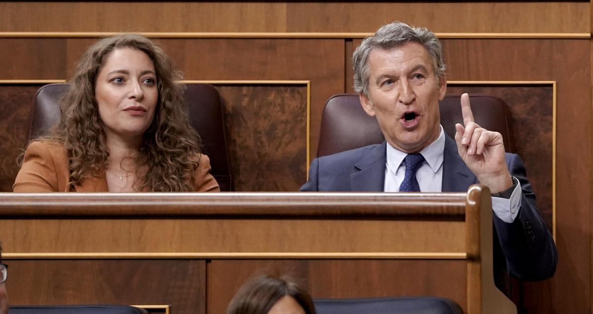 Madrid. 09.07.2025. Esther Muñoz y Alberto Núñez Feijóo. Comparecencia de Pedro Sánchez, presidente del Gobierno, para informar sobre Santos Cerdán