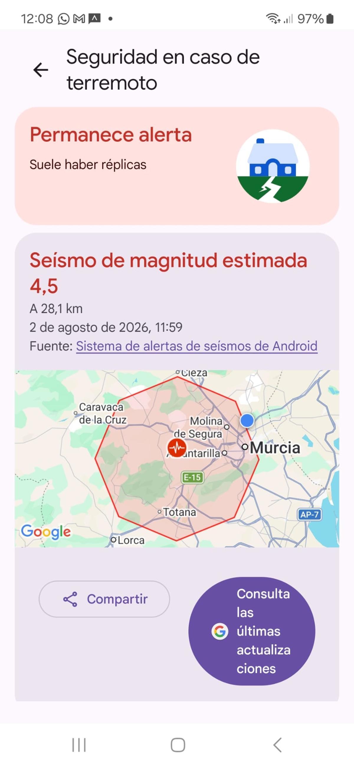 Una captura de pantalla del aviso inicial enviado por Google a los móviles.