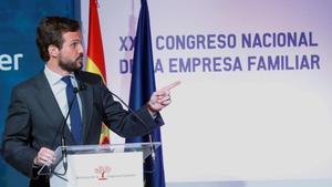 El presidente del PP, Pablo Casado, durante el 23 Congreso Nacional de la Empresa Familiar.