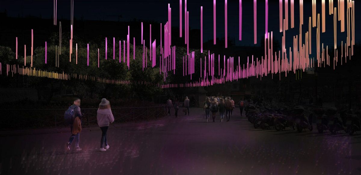 Recreación de las nuevas luces de Navidad en plaza Catalunya.