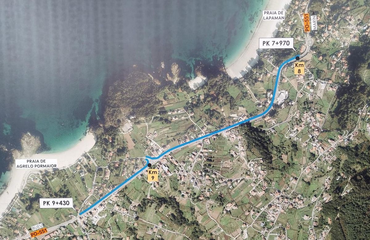 El plano con el trazado por donde discurrirá la nueva senda peatonal entre Lapamán y Agrelo.