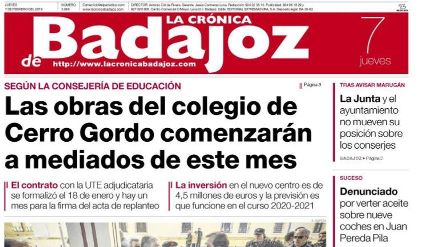 Esta es la portada de LA CRÓNICA DE BADAJOZ correspondiente al día 7 de febrero del 2019