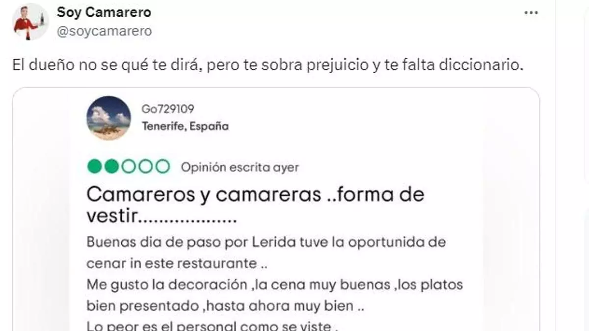 "Lo peor es como se viste": Soy Camarero pone firme a un tinerfeño por su crítica en TripAdvisor
