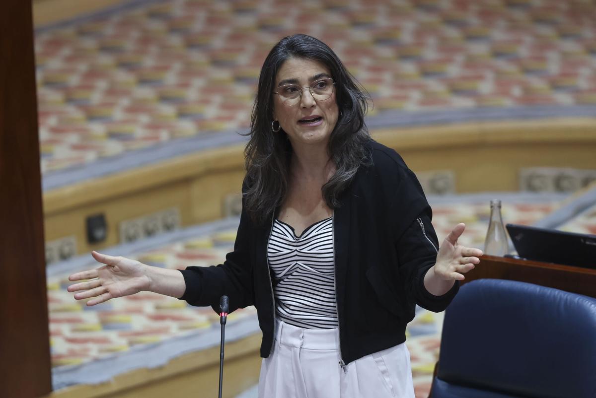 La portavoz de Más Madrid, Manuela Bergerot, interviene durante el pleno de la Asamblea regional este jueves en Madrid. EFE/ Kiko Huesca