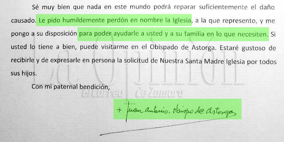 Carta del obispo asturiano de Astorga, Juan Antonio Menéndez, a la víctima de abusos sexuales.