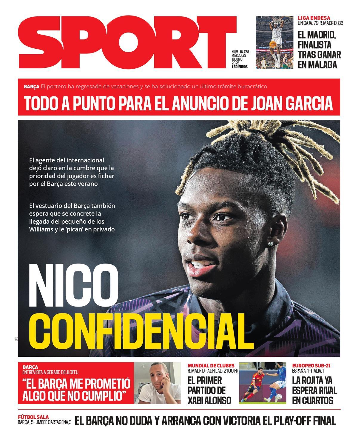 Esta es la portada de SPORT de hoy miércoles, 18 de junio de 2025