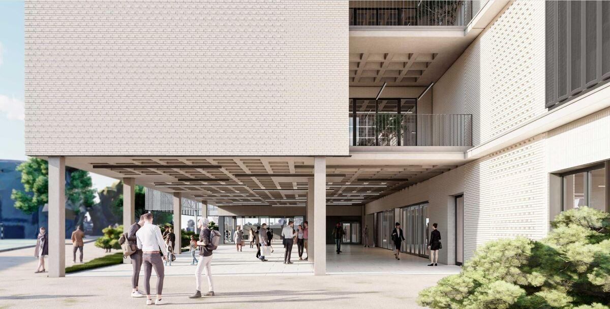 Detalle de fachada y accesos al nuevo aulario