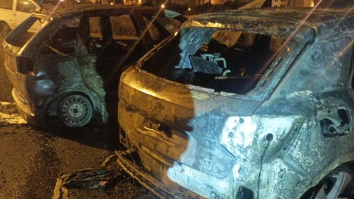 Imagen de los dos coches calcinados tras arder en llamas durante la madrugada de este viernes en Las Palmas de Gran Canaria.