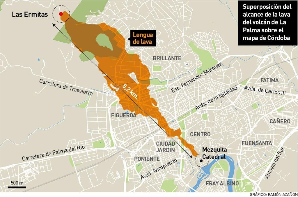 Superposición de la mancha de lava de la erupción de La Palma sobre la ciudad de Córdoba, situando la boca del volcán en Las Ermitas.