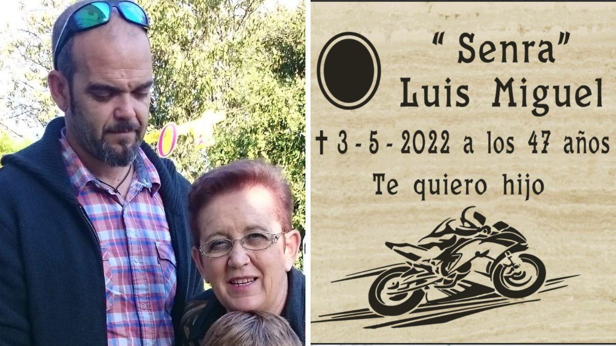 Miguel con su madre, Rosa (izda.). / Foto de la lápida que le dedicó a su hijo, un apasionado de las motos.